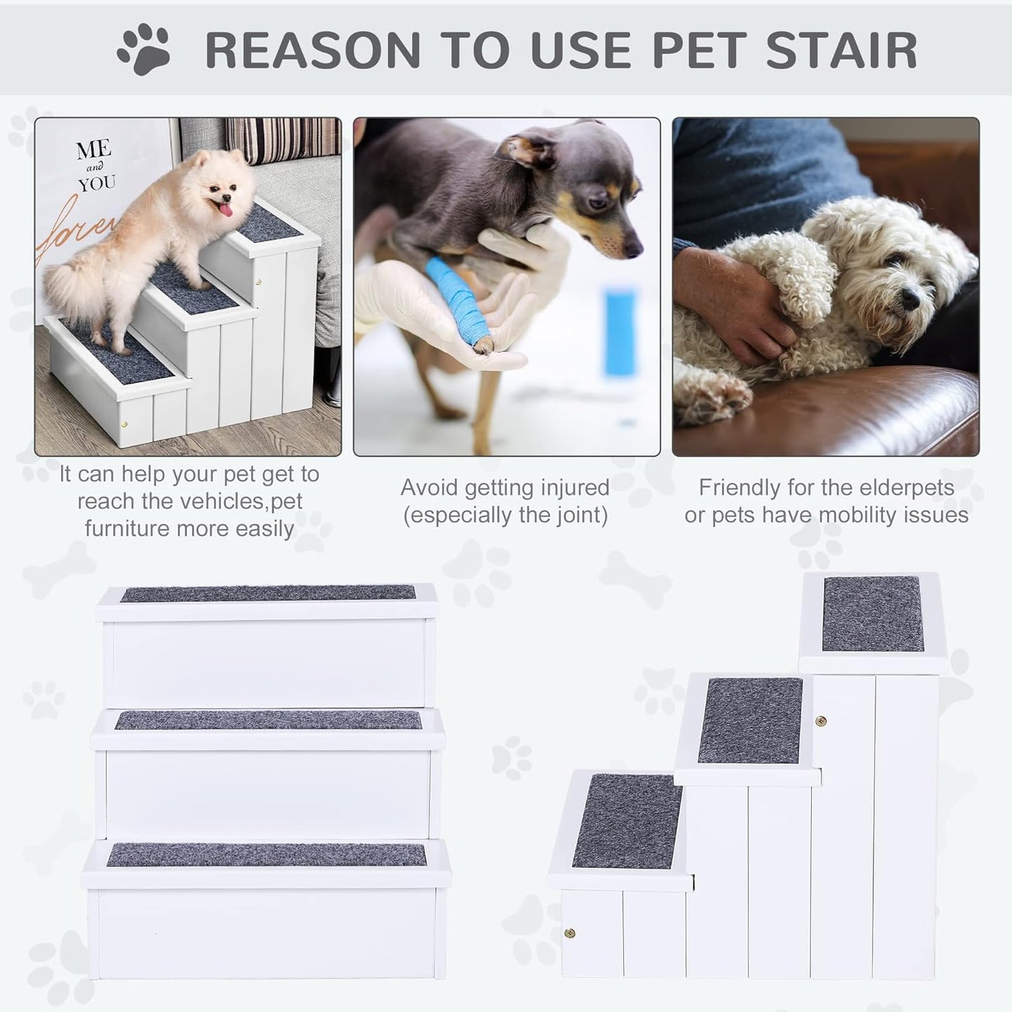 PawHut 3 Step Wooden Carpeted Non Slip Pet Stairs Ramp for Cats and Small Dogs - White