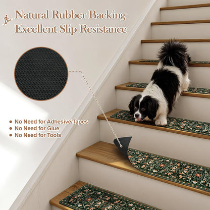OJIA Floral Stair Treads Non-Slip Stair Runner for Wooden Steps Indoor 15PCS 30"x8" Carpet Stair Treads Stair Mats Staircase Step Treads for Kids, Elders and Dogs, Stair Covers, Black