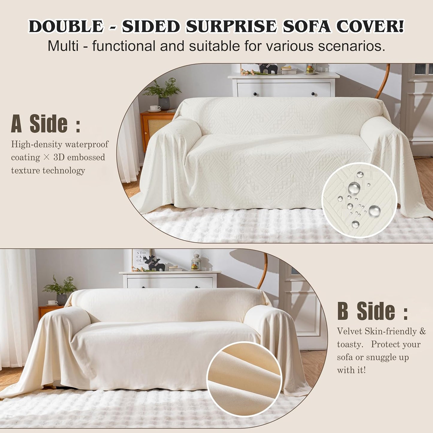 Waterproof Couch Cover, Reversible, Pet-Friendly, Washable and Anti-Slip Couch Covers for Sofa Protection with 3 Cushions, Sofa Slipcovers for Dogs and Cats (71×118in/Brown)