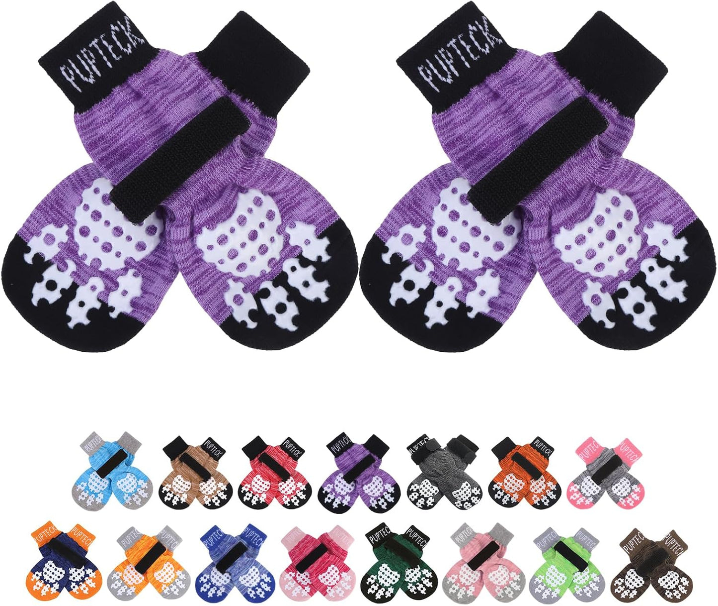 PUPTECK Anti-Slip Dog Socks with Double Sides Grips for Small Medium Large Dogs Hardwood Floors Prevents Licking, Dog Shoes for Hot Pavement Traction Control Paw Protector for Senior Dogs, Grey L