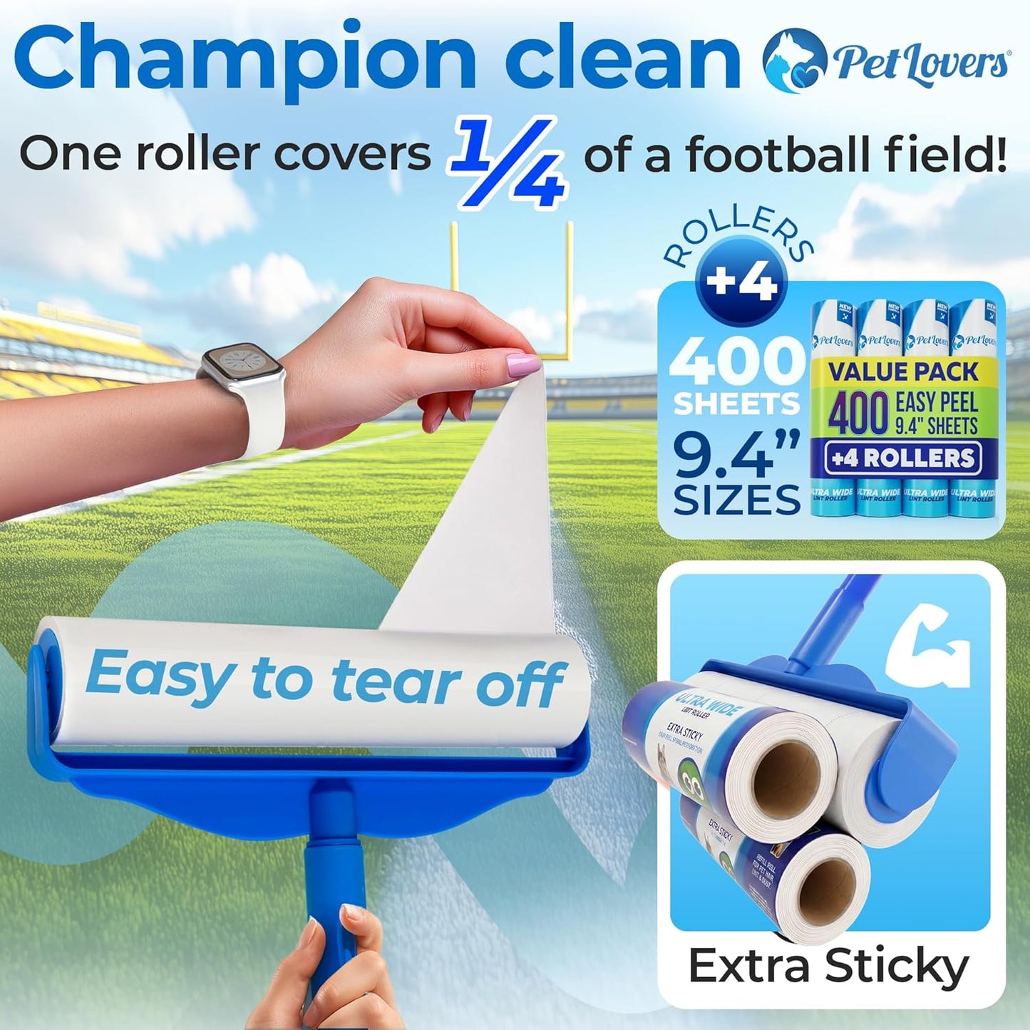 PetLovers Extra Sticky Lint Roller Mega Value Set 600 Sheets for Pet Hair Removal, Dog and Cat Lint Remover 6 Pack