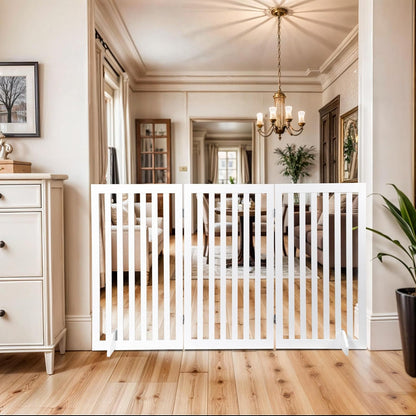 24 Inch Freestanding Indoor Retractable Dog Gate Pet Gate for Stairs, Hallways or Doorways 3 Panels Indoor Foldable Puppy Dog Fence Wooden Safety Fence, White