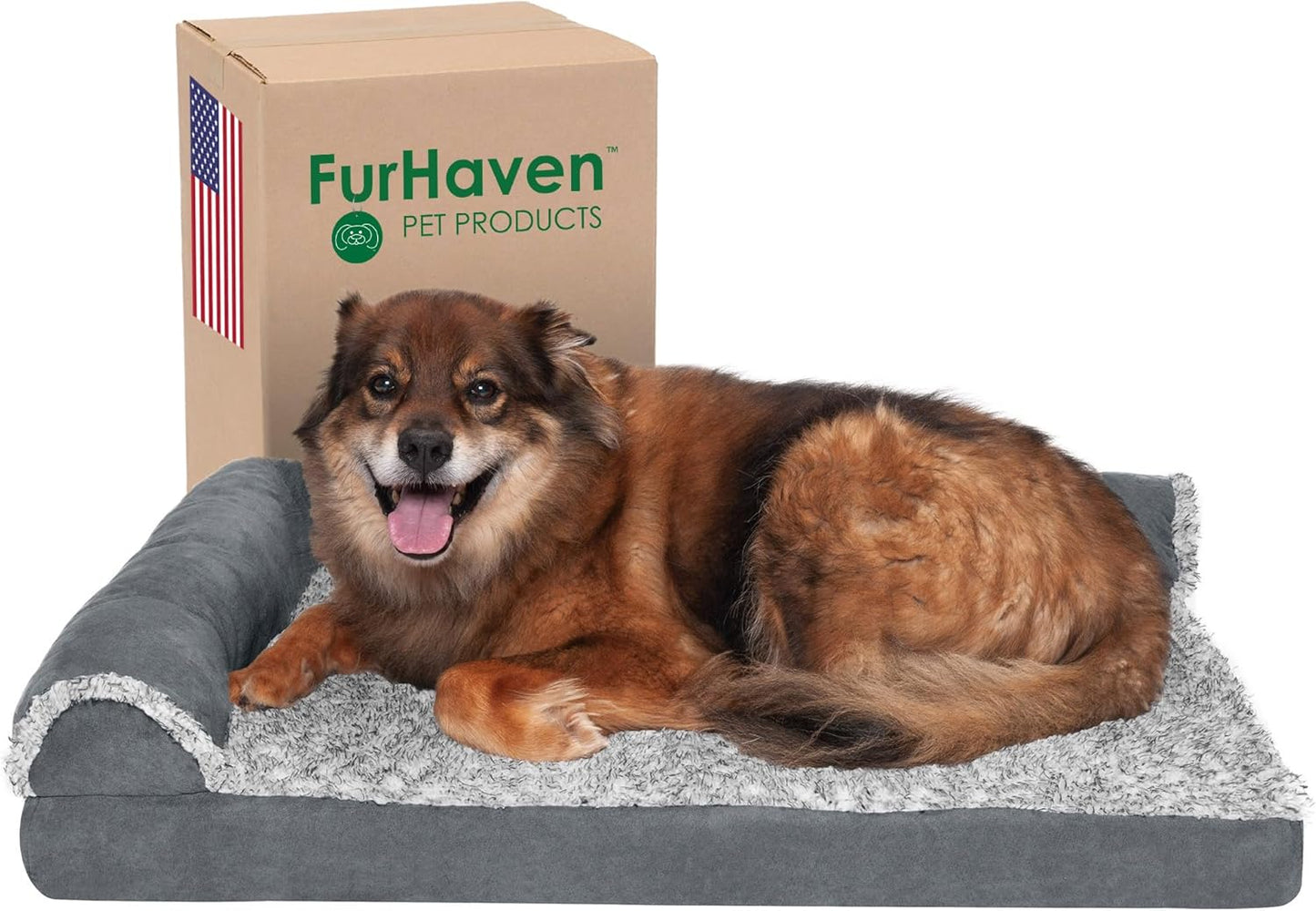 Furhaven Memory Foam Dog Bed for Large Dogs w/ Removable Bolsters & Washable Cover, For Dogs Up to 95 lbs - Two-Tone Plush Faux Fur & Suede L Shaped Chaise - Espresso, Jumbo/XL