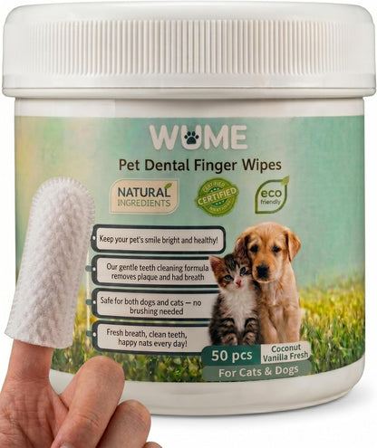 WUME Pet Dental Finger Wipes for Dogs & Cats Vet-Inspired Teeth Cleaning Wipes, Toothbrush Alternative, Gentle, Alcohol-Free, Disposable, 50 Counts