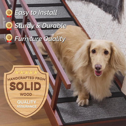 Dog Ramp for Bed or Couch, Wooden Pet Ramp with 20° Gentle Slope, Removable Side Rails, Non-Slip Surface, Top Platform & Wheels, Safe Bed Ramp for Small, Large & Senior Dogs, 60" Long, Mahogany