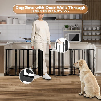 SNUOWU Full Metal Freestanding Dog Gate with Door, 32''Height Foldable Pet Dog Fence for Indoor & Outdoor, 4 Panels Extra Wide Free Standing TallDog Gates for Doorways,House,Stairs,Porch,Deck,Yard