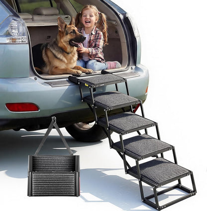 VEVOR Dog Stairs for Car, 4 Steps Extra Wide Foldable Dog Ramp for Large Dogs with Non-Slip Rug Surface, Portable Lightweight Pet Ladder for Car, SUV, Truck, High Beds, Sofas, Support up to 200 lbs