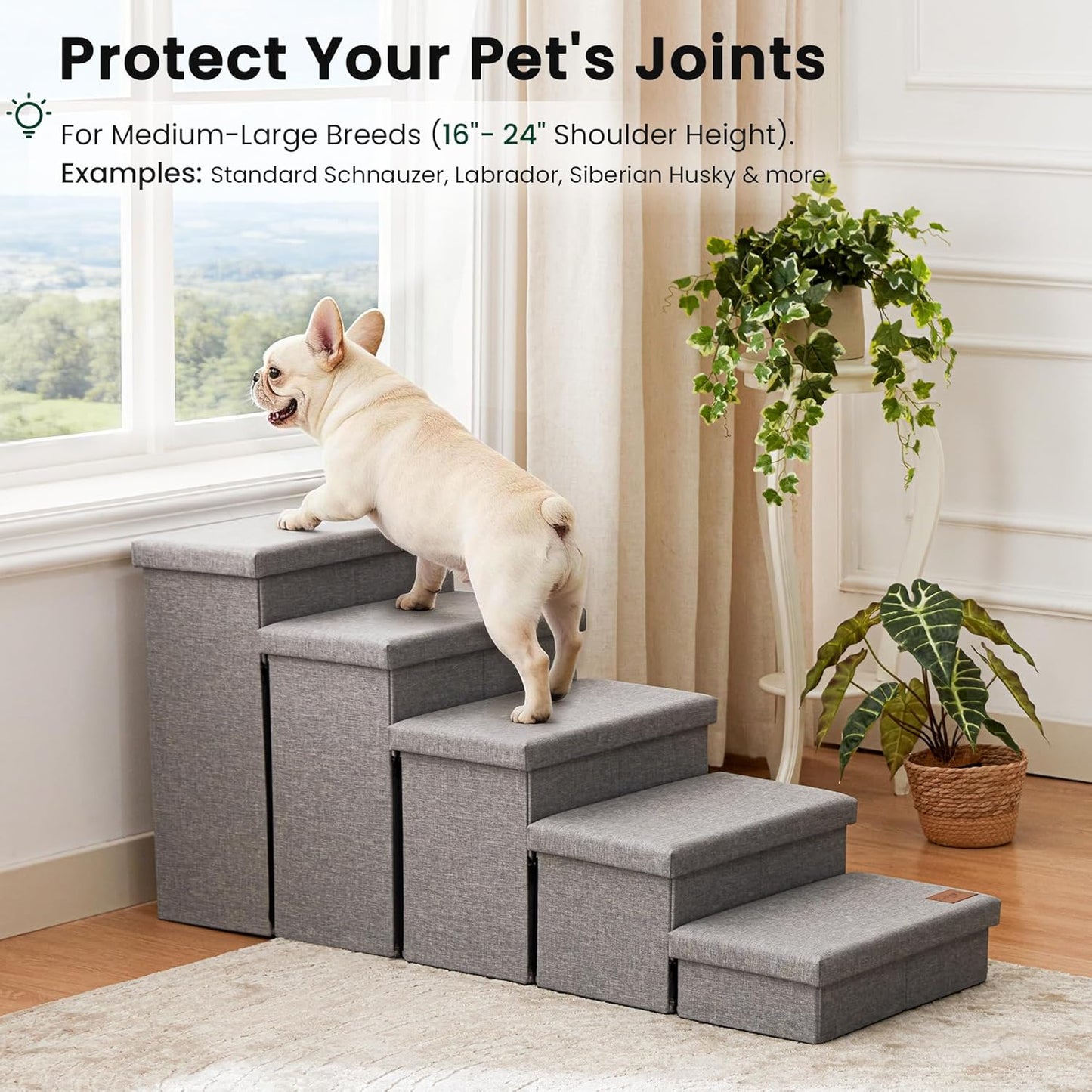 Love's cabin Dog Stairs with Storage 13" H, Foldable Pet Stairs for Small Medium or Large Dogs, Cat Puppy Steps Ramp with Zip up to 150 lbs, Solid Grey, 2 Steps