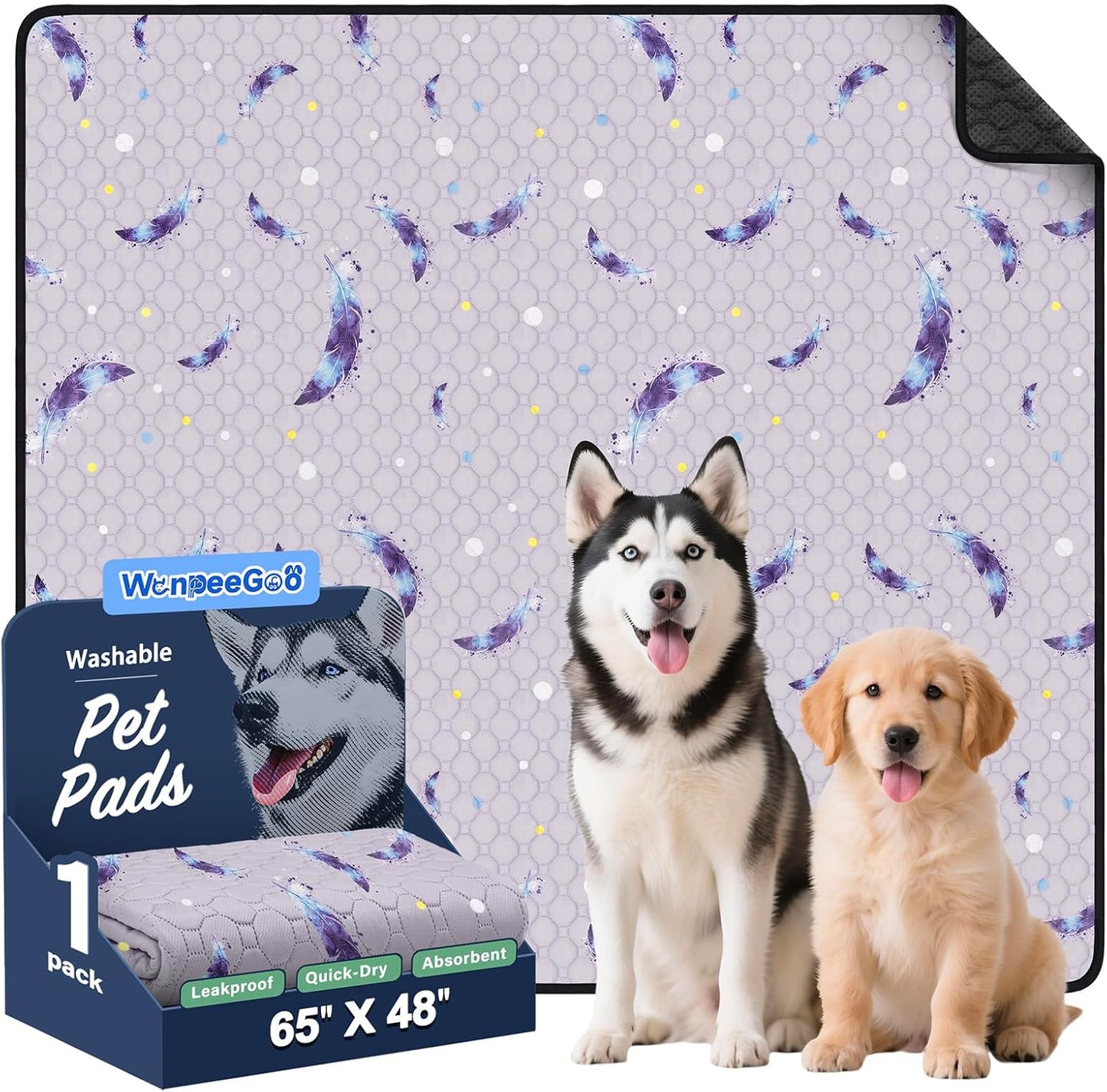 WanpeeGoo Washable Pee Pads for Dogs, 2Pack Reusable Puppy Pads, Super Absorbent & Leakproof Dog Pads, Anti-Slip Dog Pee Pads for Puppy Training & Incontinence, Feather Pattern 36"x41"