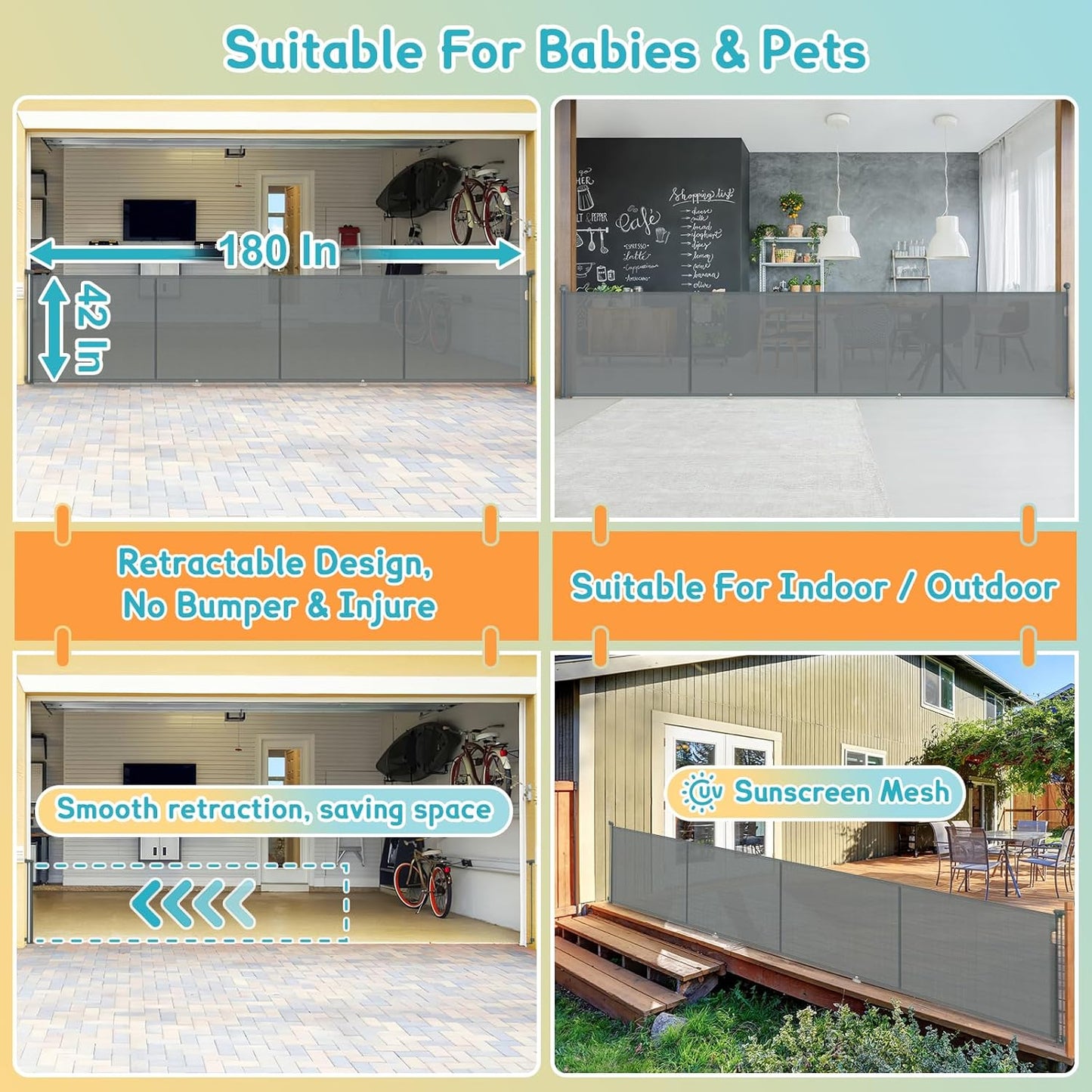 160 Inch Retractable Baby Gates Extra Wide, 42 Inch Extra Tall Retractable Gate, 13 FT Reinforced Retractable Dog Gate with Reinforcement Rod to Prevent Crawling Through, for Doorways, Stairs, Hallway