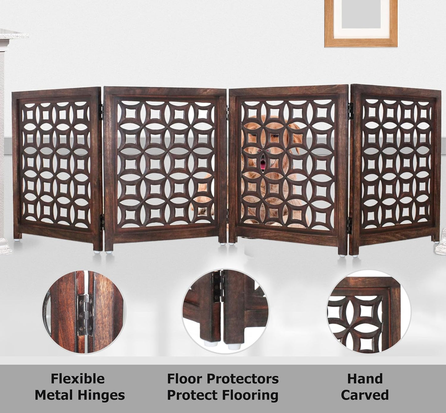 Croft&Cane Wooden Foldable Pet Dog Safety Gate – 3 Panel Freestanding Indoor Pet Fence (20 inches W x 24 inches H) – Hand-Carved Solid Wood & MDF – Fully Assembled - Antique Brown