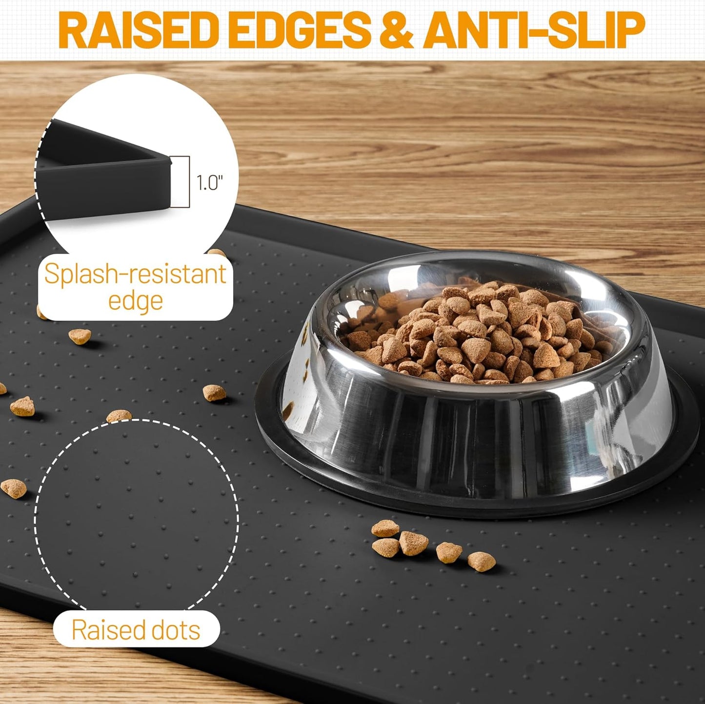 Hubulk Dog Feeding Mat,100% Waterproof Food Grade Silicone Pet Food and Water Bowl Placemat,Dishwasher, High Raised Edge to Prevent Spills,Nonslip Tray to Stop Messes on Floor (19"x12"x0.5", Grey)
