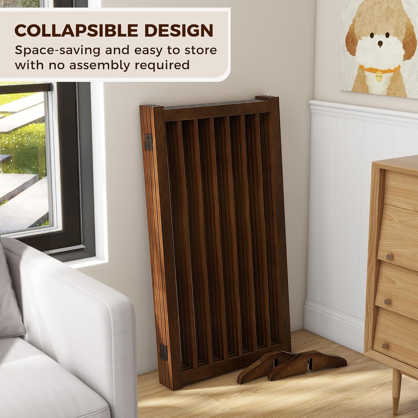 36" H Freestanding Dog Gate, Solid Wood Foldable Pet Gate with Support Feet, Wooden Tall Dog Gate for Doorway, Stairs & Indoor Use, 60" Wide Expandable Pet Fence, 3 Panels, Walnut