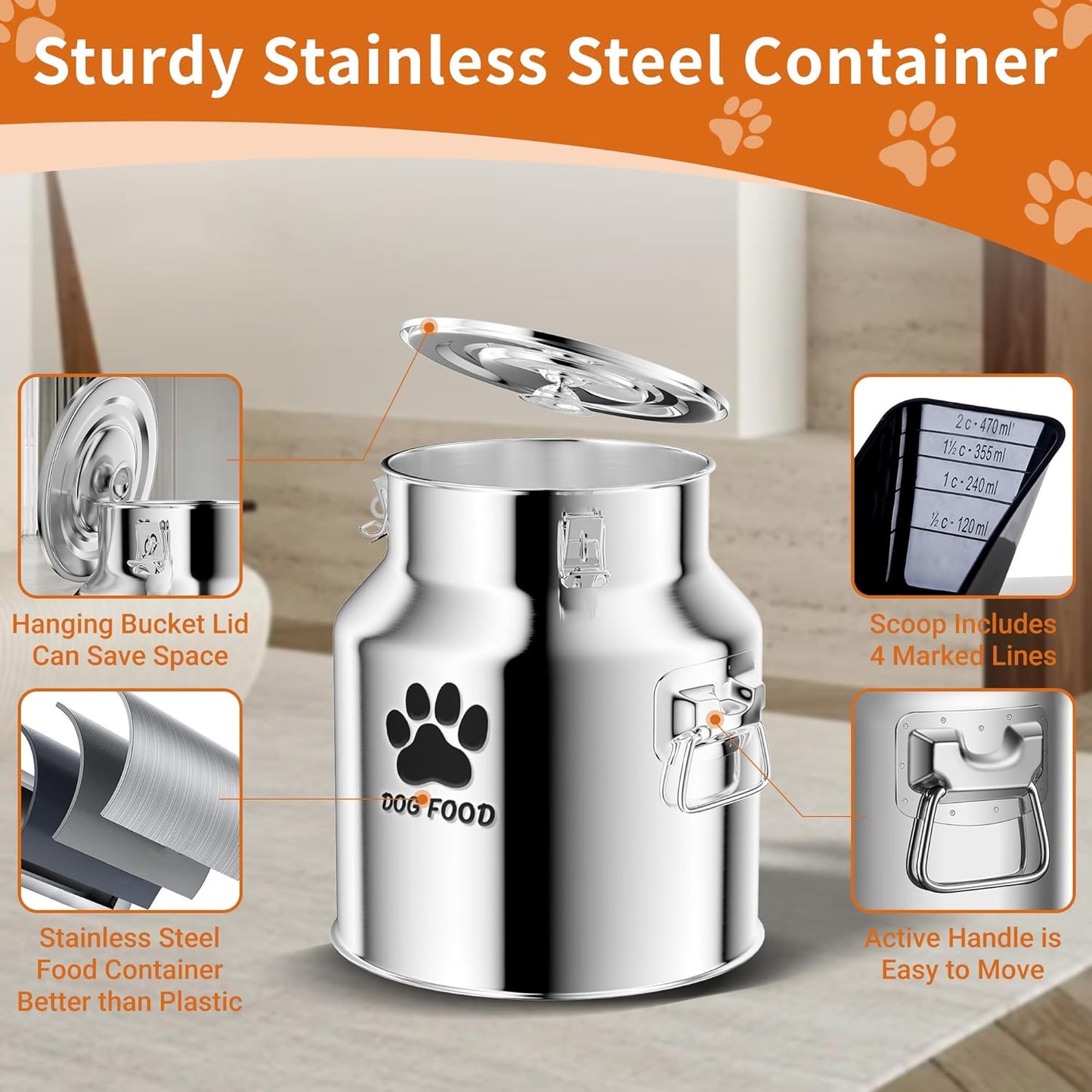 Metal Dog Food Storage Container 18Lbs, Stainless Steel Dog Food Storage Container with Lids Airtight, Pet Food Storage Container for Dogs, Cat Food Bin with Spoon, Keep Food Fresh, Easy to Clean