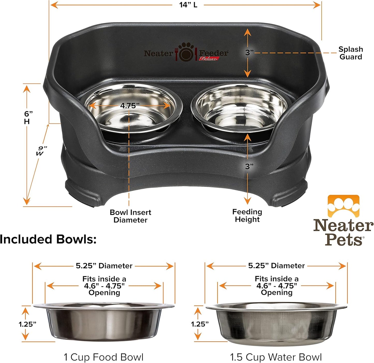 Neater Pet Brands Neater Feeder Deluxe Mess Proof Dog Bowls Elevated for Large Dogs Over 40 lbs, Made in USA, No Spill Raised Dog Food Bowl Stand Feeding Station, Food and Water Bowl Set, Black