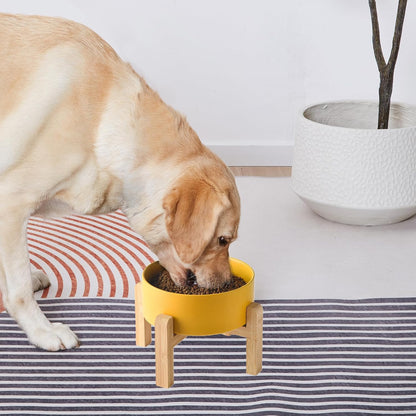 6'' Ceramic Raised Dog Bowl - 30Oz Dog Food & Water Bowl with Elevated Non-Slip Bamboo Stand, Dishwasher & Microwave Safe, Anti Vomiting Heavy Duty Pet Bowl for Small and Medium Dogs, White