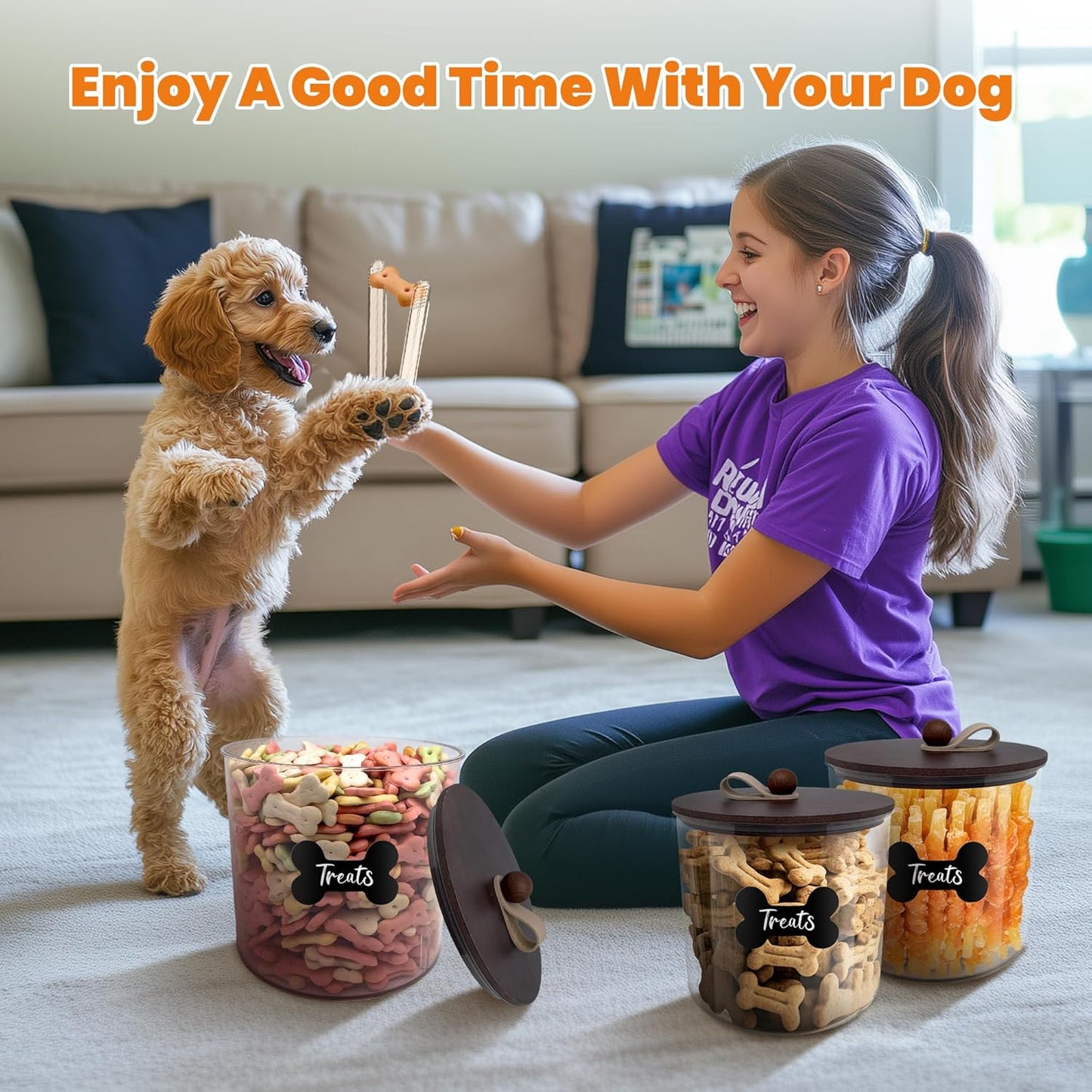 HOYTAMDAR 3 Pack Airtight Dog Food Storage Container, Dog Treat Container Dog Food Container with Wood Lids 8x7''&6x5'',Pet Food Storage Container,Cat Food Containers with Scoops,Clamp,Labels,Pens