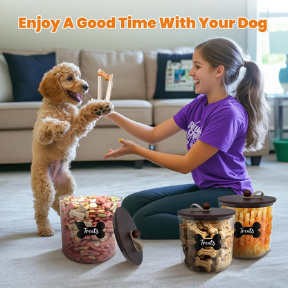 HOYTAMDAR 3 Pack Airtight Dog Food Storage Container, Dog Treat Container Dog Food Container with Wood Lids 8x7''&6x5'',Pet Food Storage Container,Cat Food Containers with Scoops,Clamp,Labels,Pens