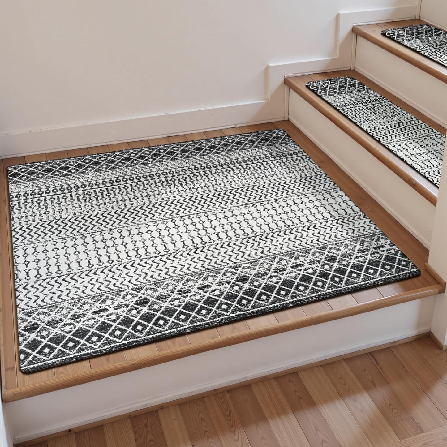 OJIA Boho Stair Treads Non-Slip Stair Runners for Wooden Steps Indoor 15PCS 30"x8" Washable Carpet Stair Treads Stair Mats Staircase Step Treads for Kids, Elders and Dogs, Stair Covers, Black