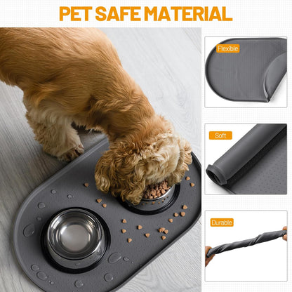 Hubulk 100% Waterproof Silicone Pet Feeding Mat with Raised Edge for Food and Water, Dog Bowl Mats, Cat Bowls Placemat with High Lip Protects Floor for Cats and Dogs (Gray, 19" L x 12" W)