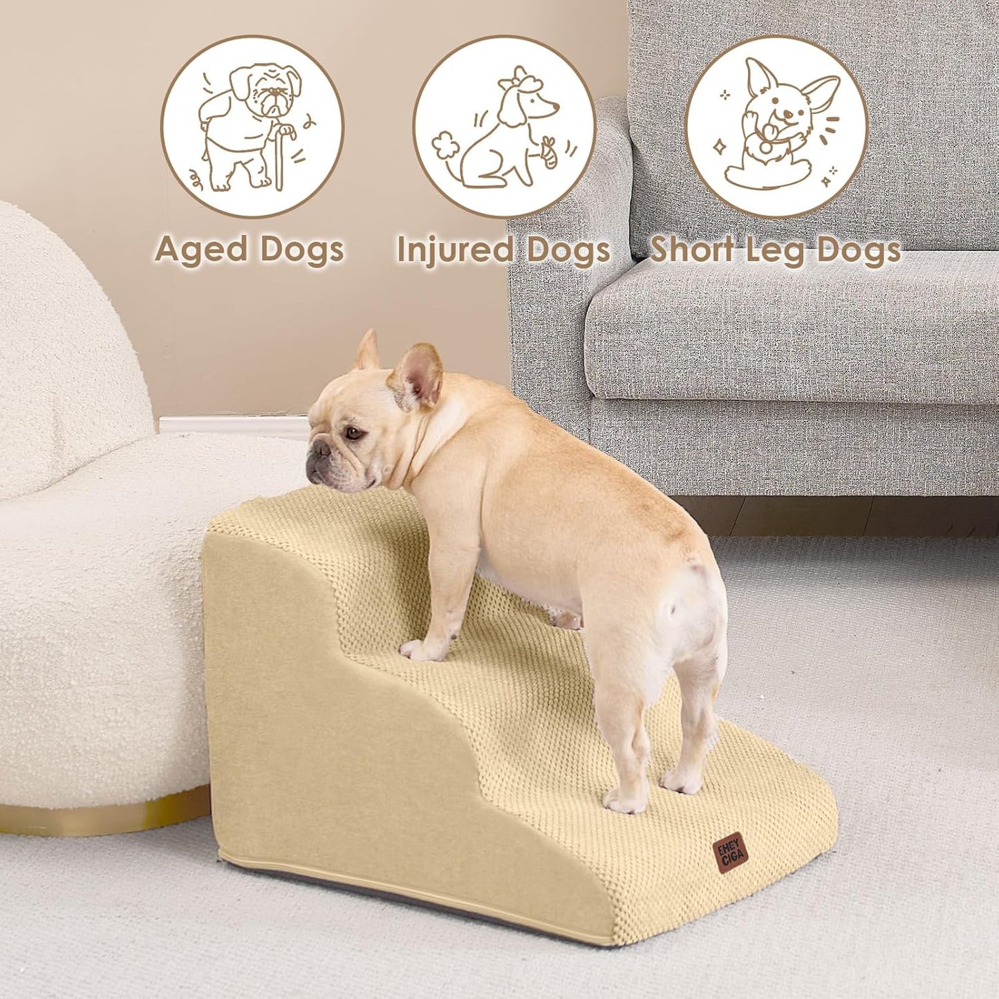 EHEYCIGA Curved Dog Stairs Ramp for High Beds 19.7" H, 4-Step Dog Steps for Small Dogs and Cats, Pet Stairs for High Bed Climbing, Non-Slip Balanced Pet Step Indoor, Grey