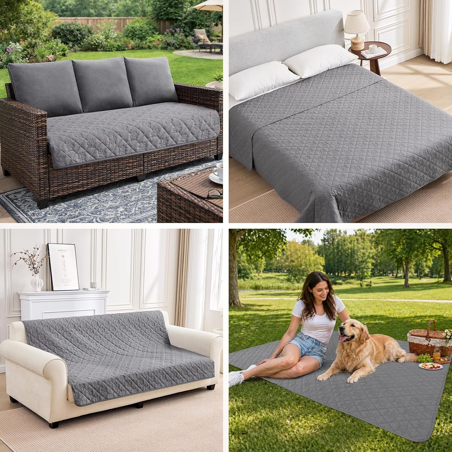 PAWFINITY Waterproof Couch Cover for Dogs, Pee Proof Pet Blanket, Paw Print Quilted, Pet Hair Resistant, Scratch-Resistant, Washable Furniture Protector for 2-3 Seat Sofa and Bed, 30x70 Inch, Grey
