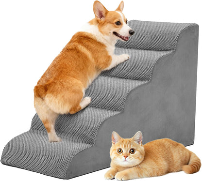 DUMOS Dog Stairs for Small and Medium Dogs, 3-Step Pet Steps with High-Density Foam, Indoor Non-Slip Pet Ramp for Puppy and Older Dogs Cats, Dog Bed Stairs for Couch and Sofa, Grey