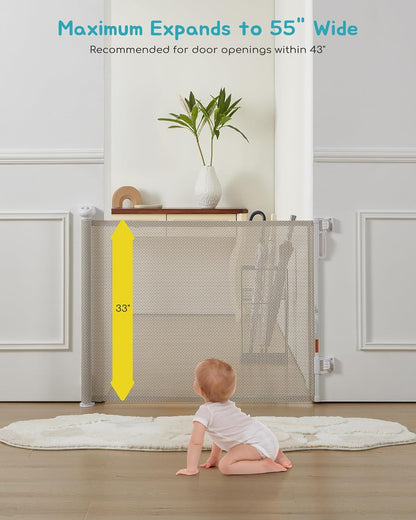 Retractable Baby Gate, Exquisite Rattan Mesh, 33" Tall, Expands to 55" Wide, Dog Gate for Stairs, Doorway, Hallway, Indoor/Outdoor Pet Fence, Walk-Through Design with No Bottom Bar, Beige
