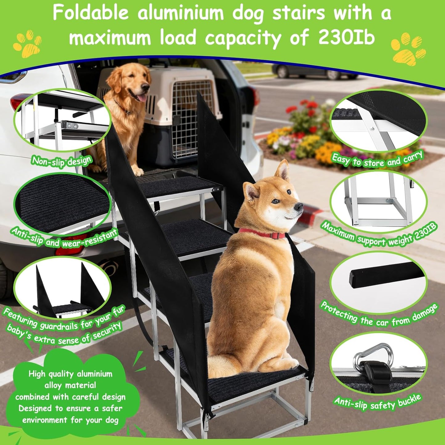 Deergym Dog Stairs for Large Dogs - 5 Step Wide 16in High 34in Foldable Dog Ramp for Car Non-Slip Surface Support up to 230lbs - Suitable for SUV,Truck, Sofas, Bed