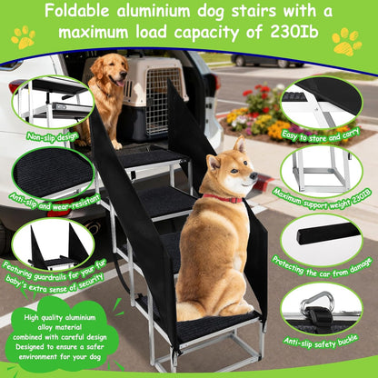 Deergym Dog Stairs for Large Dogs - 5 Step Wide 16in High 34in Foldable Dog Ramp for Car Non-Slip Surface Support up to 230lbs - Suitable for SUV,Truck, Sofas, Bed