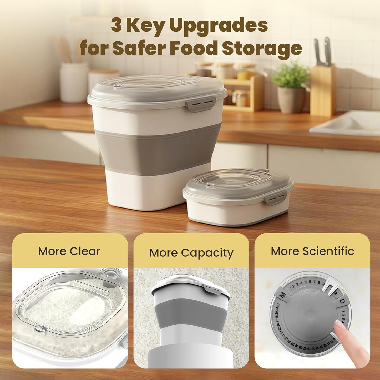 HOYTAMDAR 20-50Lbs Rice Container,Collapsible Food Storage Containers with Airtight Clear Lid,Wheels,Rice Storage Container with Small Bin and Scoop,Rice Dispenser for Flour Sugar Cereal Grain Dog Cat