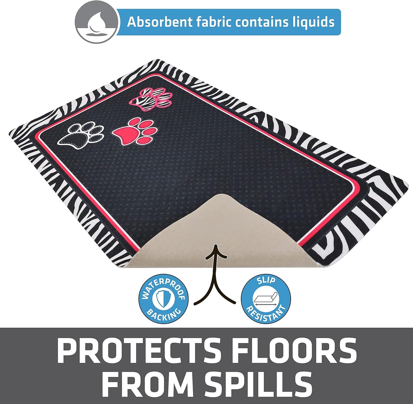 Drymate Pet Bowl Placemat, Dog & Cat Food Feeding Mat - Absorbent Fabric, Waterproof Backing, Slip-Resistant - Machine Washable/Durable (USA Made) (12” x 20”) (Indigo)