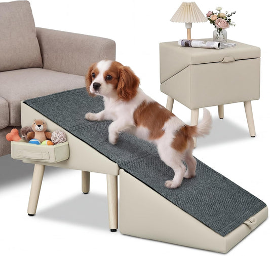 Dog Ramp for Couch and Bed, 17" H Stairs for Small to Medium Dogs and Cats Foldable Steps for Pets to Get on High Bed, Non-Slip Sturdy Ottoman Ramp with Storage Drawer, Brown