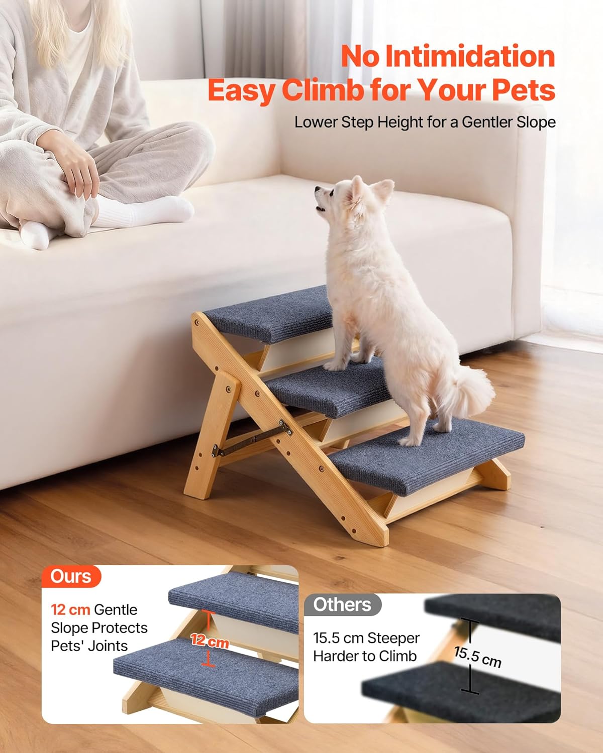 VEVOR Wood Pet Stairs, 2-Step Dog Stairs for Beds, Sofa & Cars, 110lbs Load Capacity, Floded Flat Design, Stable & Sturdy Cat & Dog Step Ladder for Small Medium Large Older Pet Puppy Essentials