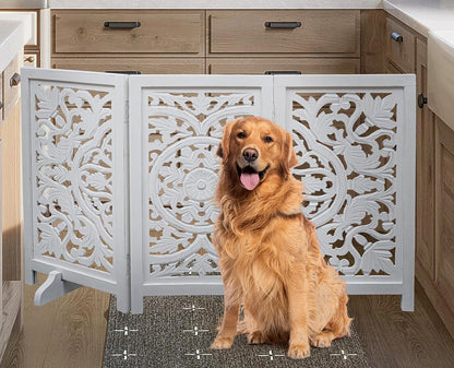 Freestanding Pet Gate for Dogs, Foldable Wooden Dog Gate for House, Indoor Dog Gate for Stair, Doorway, House Design Gates for Dogs Indoor, 72 Inch Wide, (18" x4 Panels 72 inch), Burnt Finish