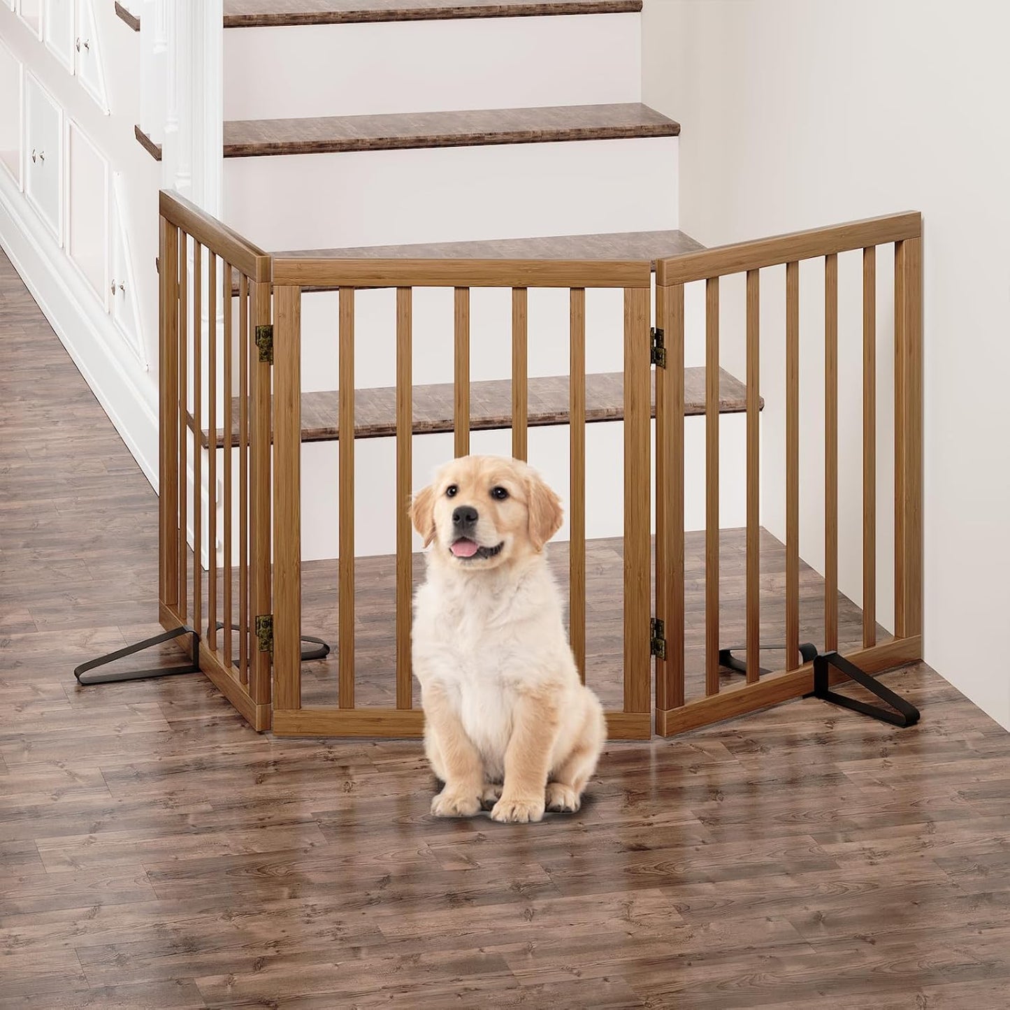 Freestanding Foldable Dog Gate - 4 Panel Room Divider with Metal Support Feet (Black)