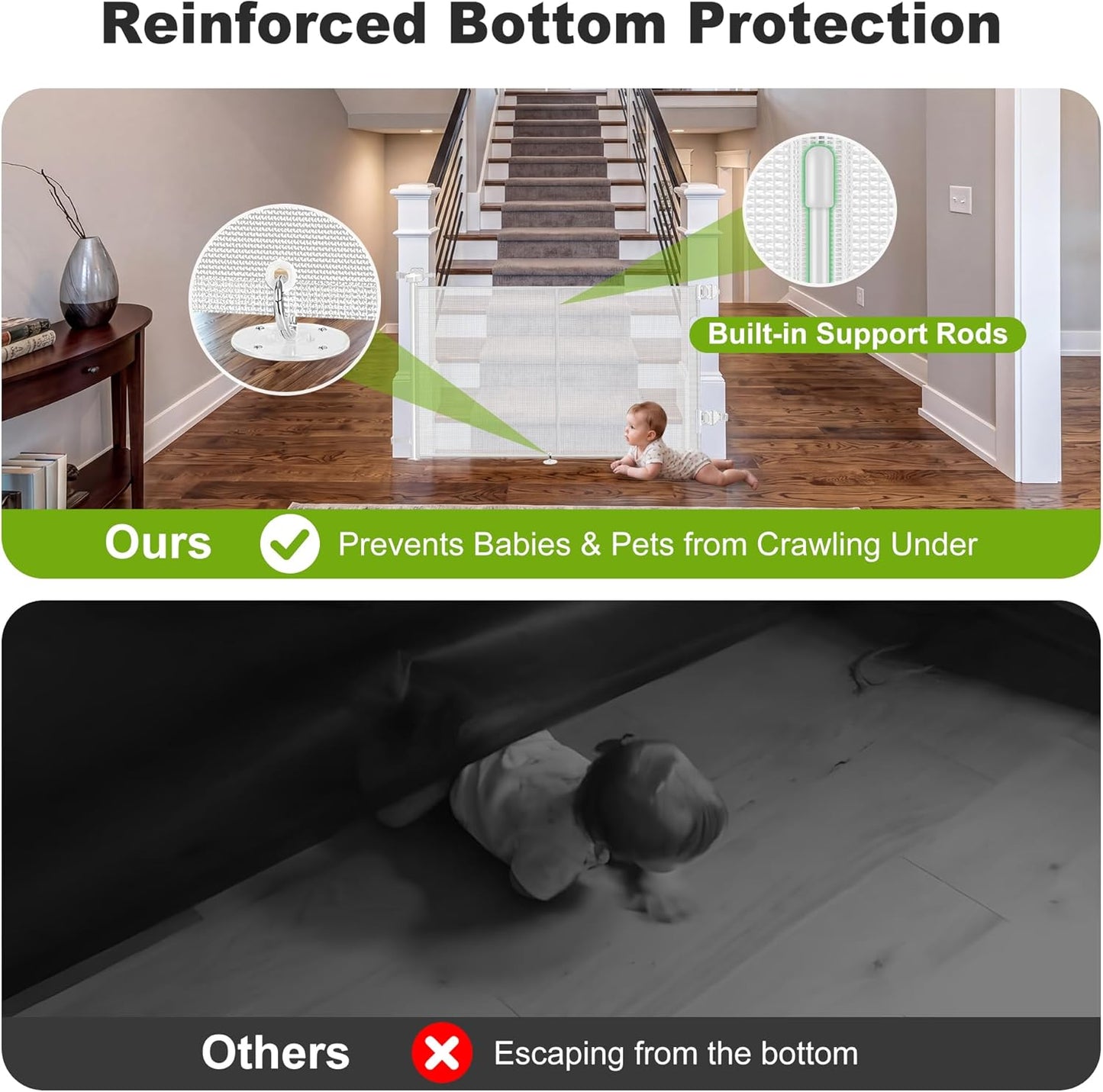Reinforced Retractable Baby Gate for Stairs & Banister, 55" Wide Mesh Dog Gate, One-Handed Dual Lock Safety Gate for Kids & Pets, Fits Round & Square Posts (Black)