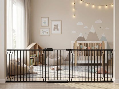 Extra Wide Baby Gate 85.8-90.5" Dog Gate Indoor Pressure Mounted No Drill Safety Gate for Large Entries, Kitchen,Stairs & Doorways, Black Metal Indoor Pet Gate for Kids & Dogs