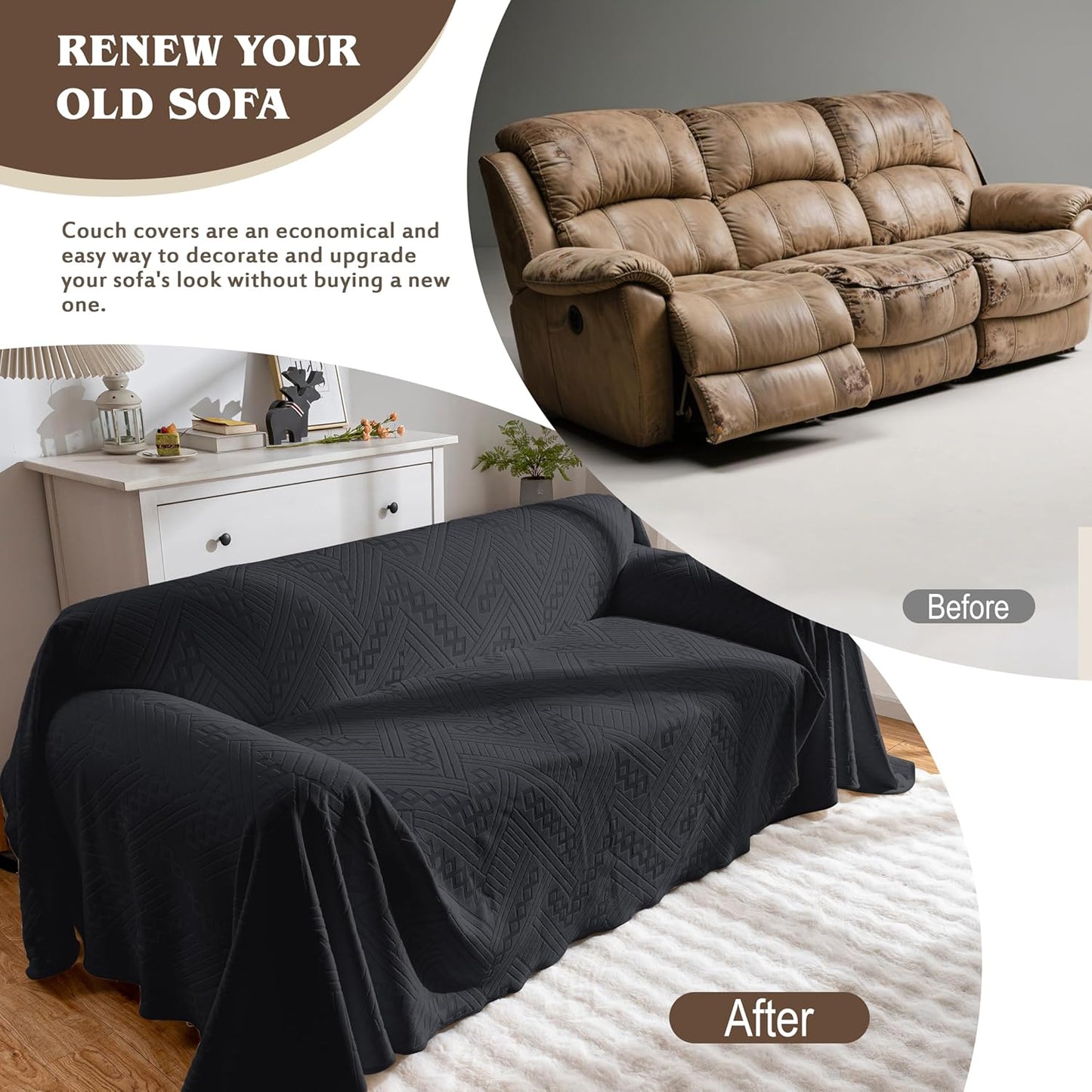 Waterproof Couch Cover, Reversible, Pet-Friendly, Washable and Anti-Slip Couch Covers for Sofa Protection with 3 Cushions, Sofa Slipcovers for Dogs and Cats (71×118in/Brown)