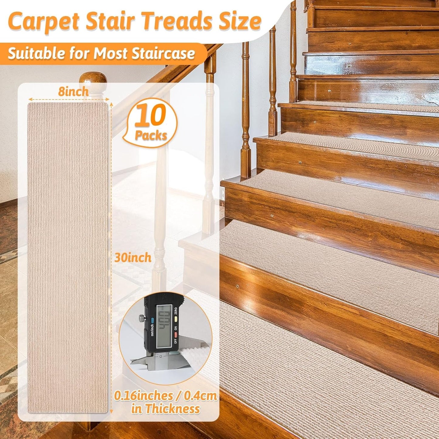 18 Pack Non-Slip Stair Treads for Wooden Steps Indoor, 8" X 30" Peel and Stick Carpet Stair Treads for Wooden Steps, Reusable Self-Adhesive Stair Runners for Wooden Steps for Kids, Elders & Pets