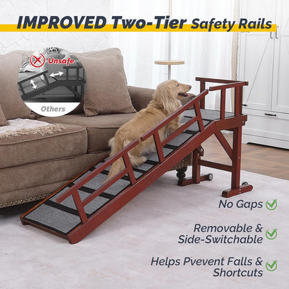 Dog Ramp for Bed or Couch, Wooden Pet Ramp with 20° Gentle Slope, Removable Side Rails, Non-Slip Surface, Top Platform & Wheels, Safe Bed Ramp for Small, Large & Senior Dogs, 60" Long, Mahogany