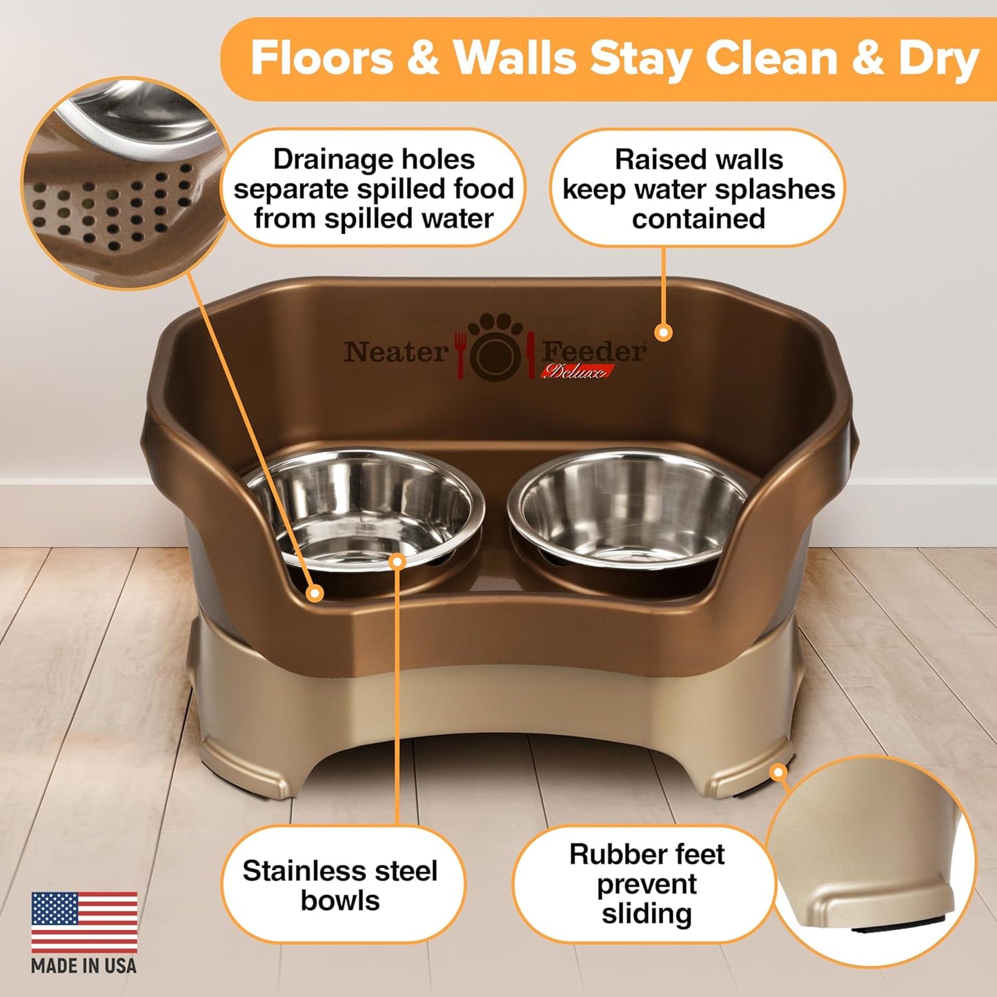 Neater Pet Brands Neater Feeder Deluxe Mess Proof Dog Bowls Elevated for Large Dogs Over 40 lbs, Made in USA, No Spill Raised Dog Food Bowl Stand Feeding Station, Food and Water Bowl Set, Black