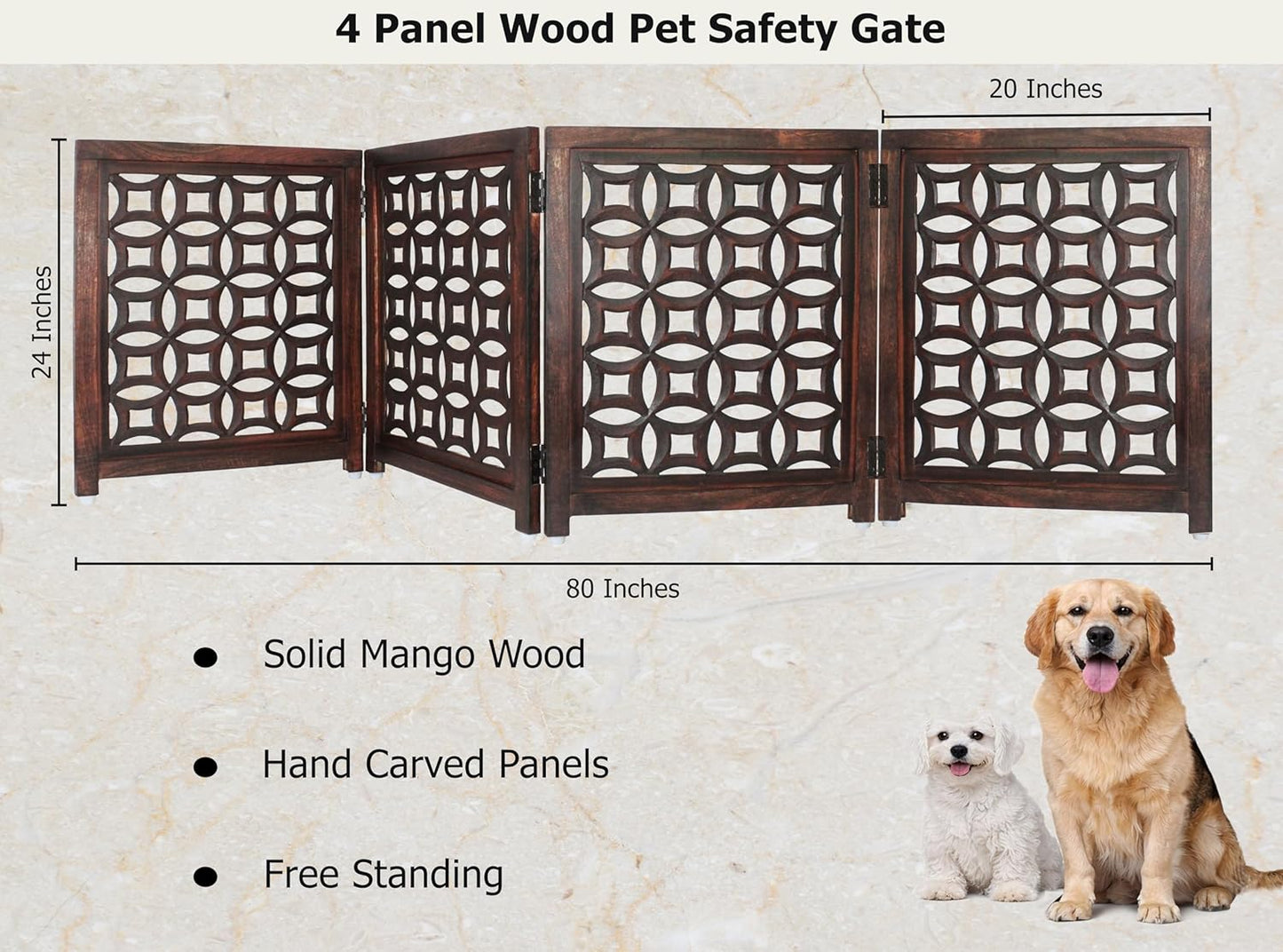 Croft&Cane Wooden Foldable Pet Dog Safety Gate – 3 Panel Freestanding Indoor Pet Fence (20 inches W x 24 inches H) – Hand-Carved Solid Wood & MDF – Fully Assembled - Antique Brown