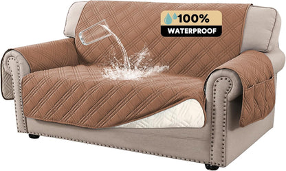 PrinceDeco 100% Waterproof Couch Cover for 3 Cushion Couch Sofa Pet Friendly Non-Slip Couch Cover for Dogs Washable Water Resistant Furniture Protector with Elastic Straps(Sofa 68", French Oak)