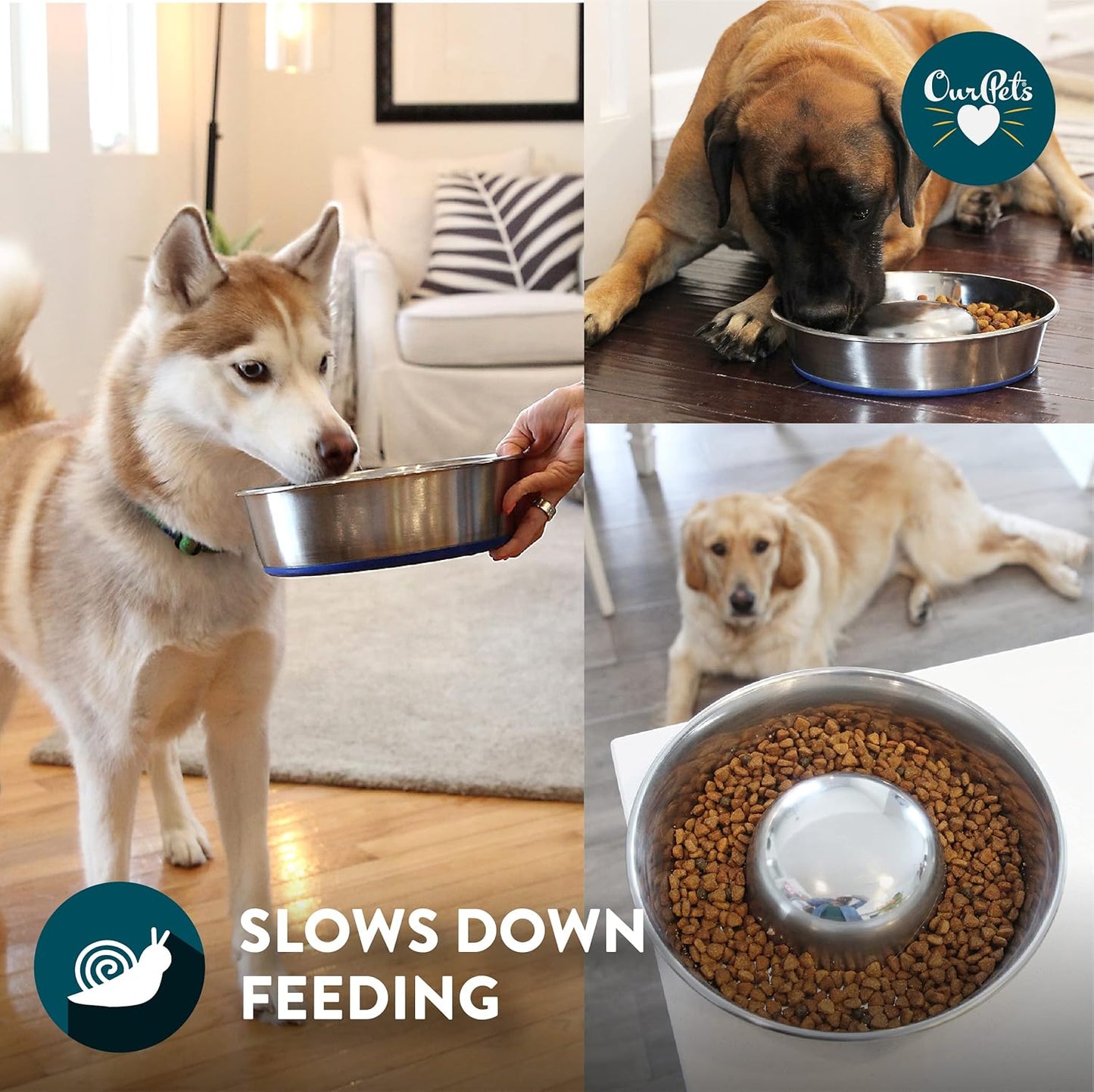 OurPet's DuraPet Slow Feed Premium Stainless Steel Dog Bowl, Silver (2040010301)