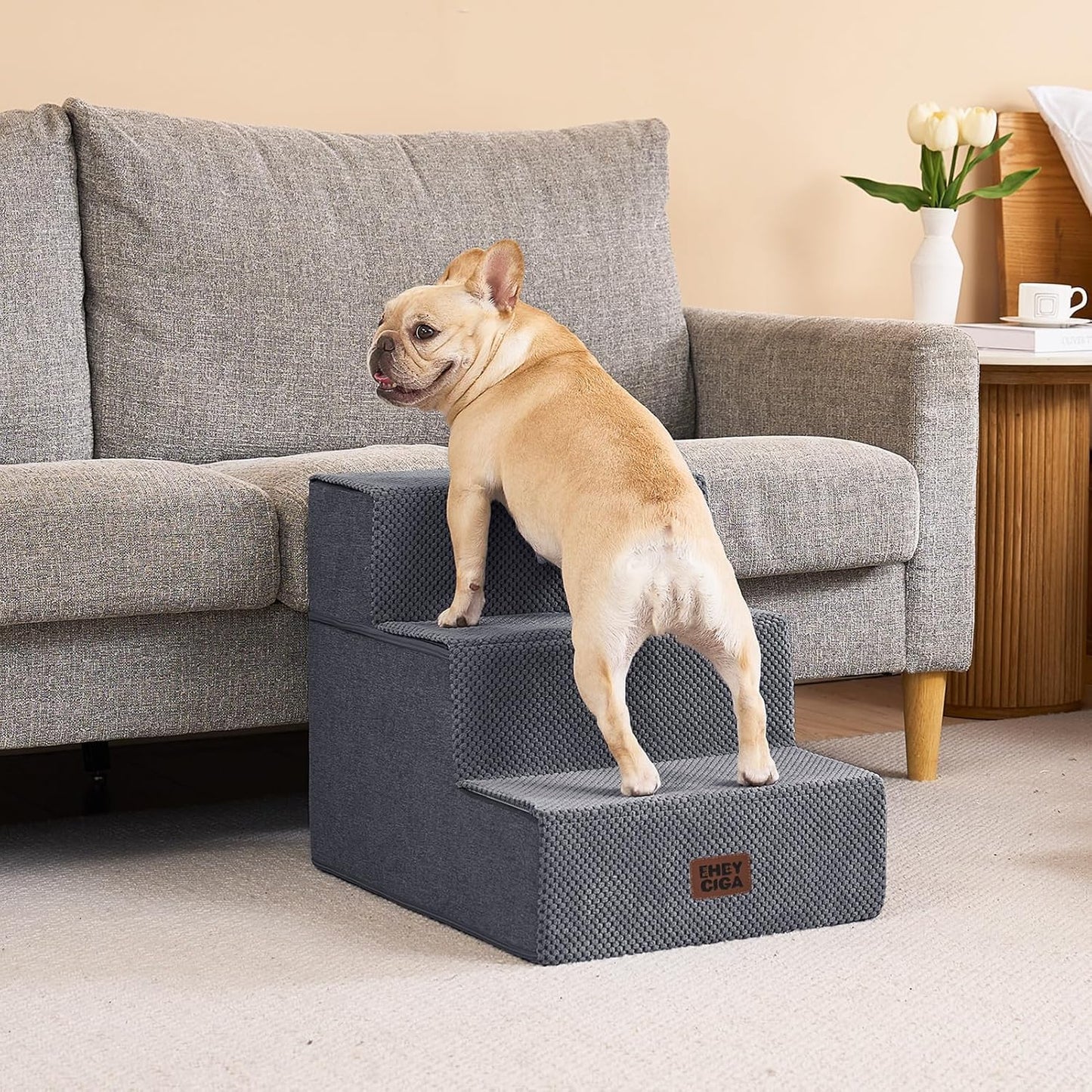 EHEYCIGA Dog Stairs for High Bed 22.5" H, 5-Step Dog Steps for Bed, Pet Steps for Small Dogs and Cats, Non-Slip Balanced Pet Ramp Indoor, Grey