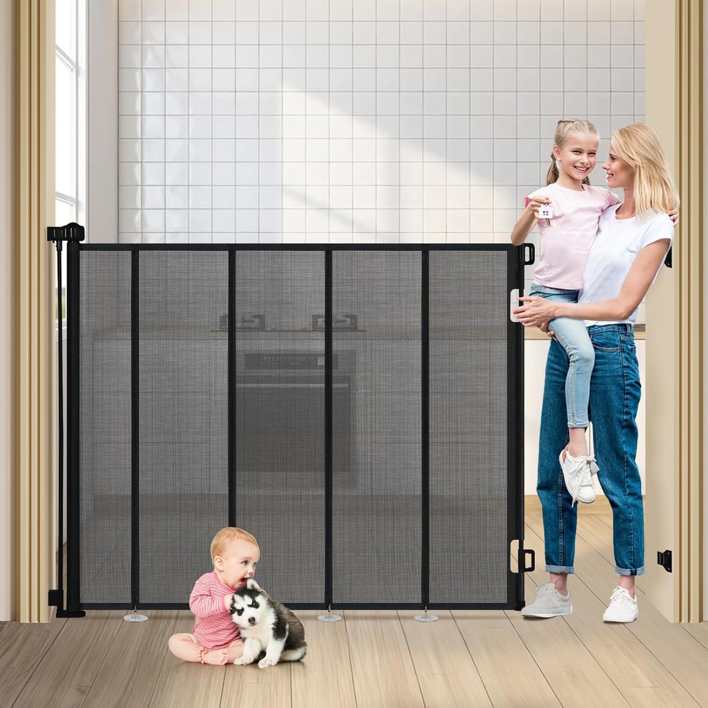 47" Extra Tall Retractable Baby Gates, Extends to 71" Wide, ExtraTall Retractable Safety Gate with Reinforced Strips, Retractable Tall Dog Gates for Doorways Mesh Baby Pet Gates Indoor, Grey