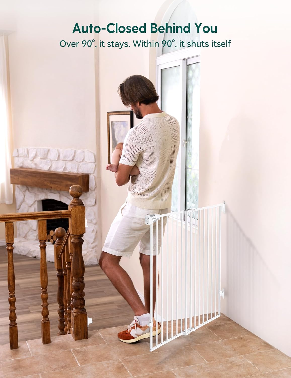 Babelio Baby Gate for Stairs, Kitchen & Doorways, 26-43" W 28" H No Bottom Bar| Easy Installation| One-Handed Operation| Auto-Close| Hardware Mount (Drill Needed) Safety Dog/Pet Gate Indoor (White)