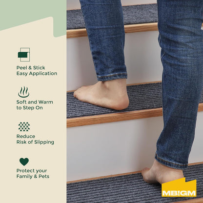 MBIGM 8" X 30" (15 in Pack) Nonslip Carpet Stair Treads Non-Skid Safety Rug Slip Resistant Indoor Runner for Kids Elders & Pets with Reusable Adhesive - Brown - Non Slip Stair Treads Indoor