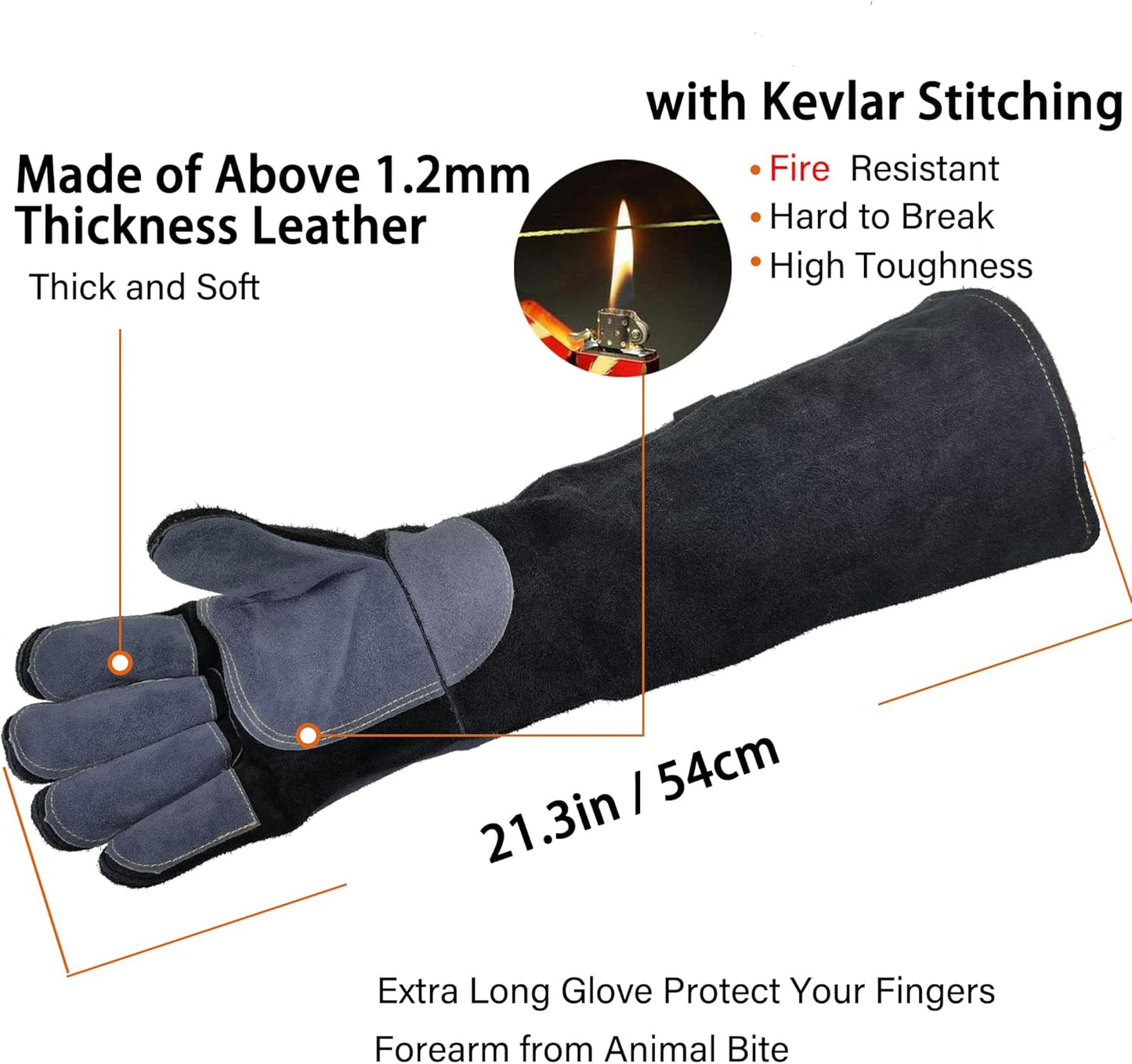 WZQH 23.6 In Leather Welding Gloves for Animal Handling,Grabbing Reptile, Grooming,Trips to Vet,BBQ,Fireplace.Puncture & Scratch Resistant, Bite Proof for Cat Dog Bird Falcon Livestock Snake L Black